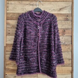 Shana K Furry Textured Eyelash Knit Cardigan Grannycore Sweater L/S Purple Sz M